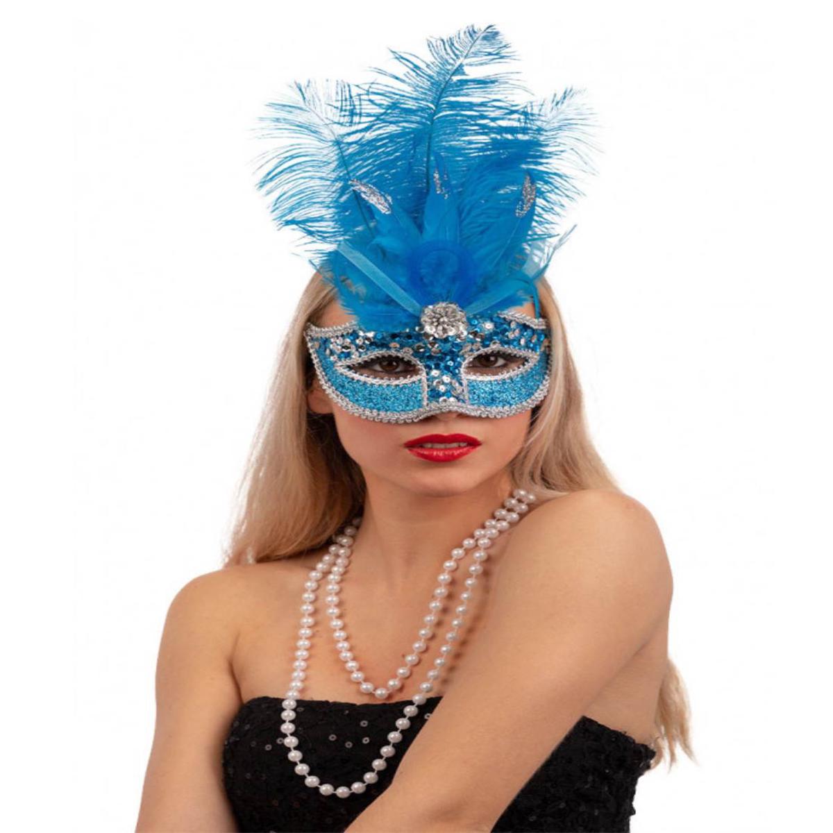 Turquoise Carnival Mask with Sequins and White Feathers