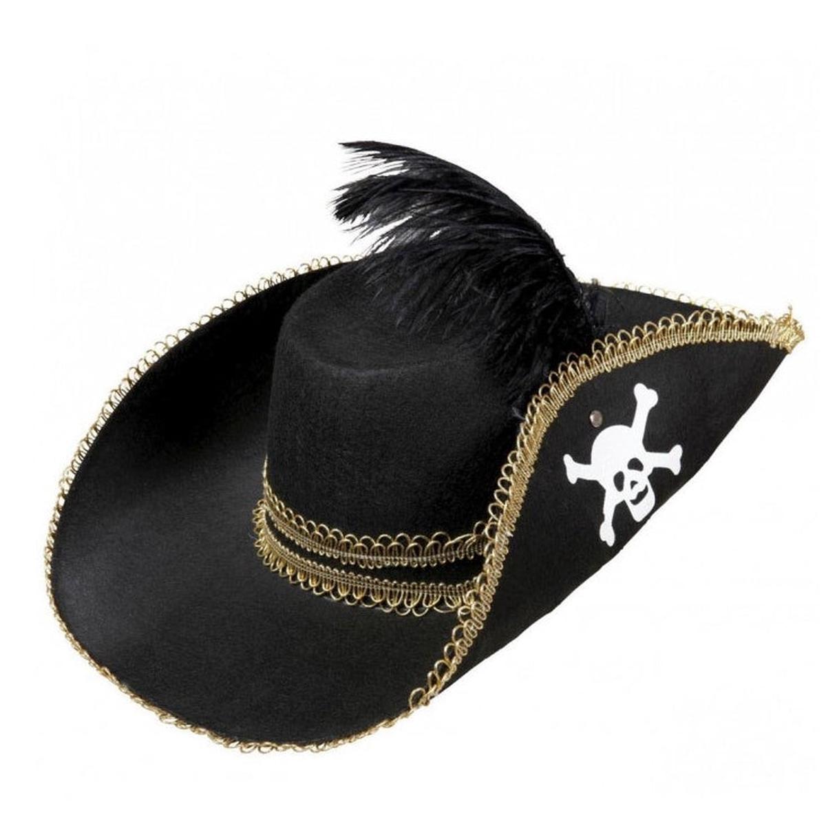 Black Felt Pirate Hat with Feather for Halloween and Carnival