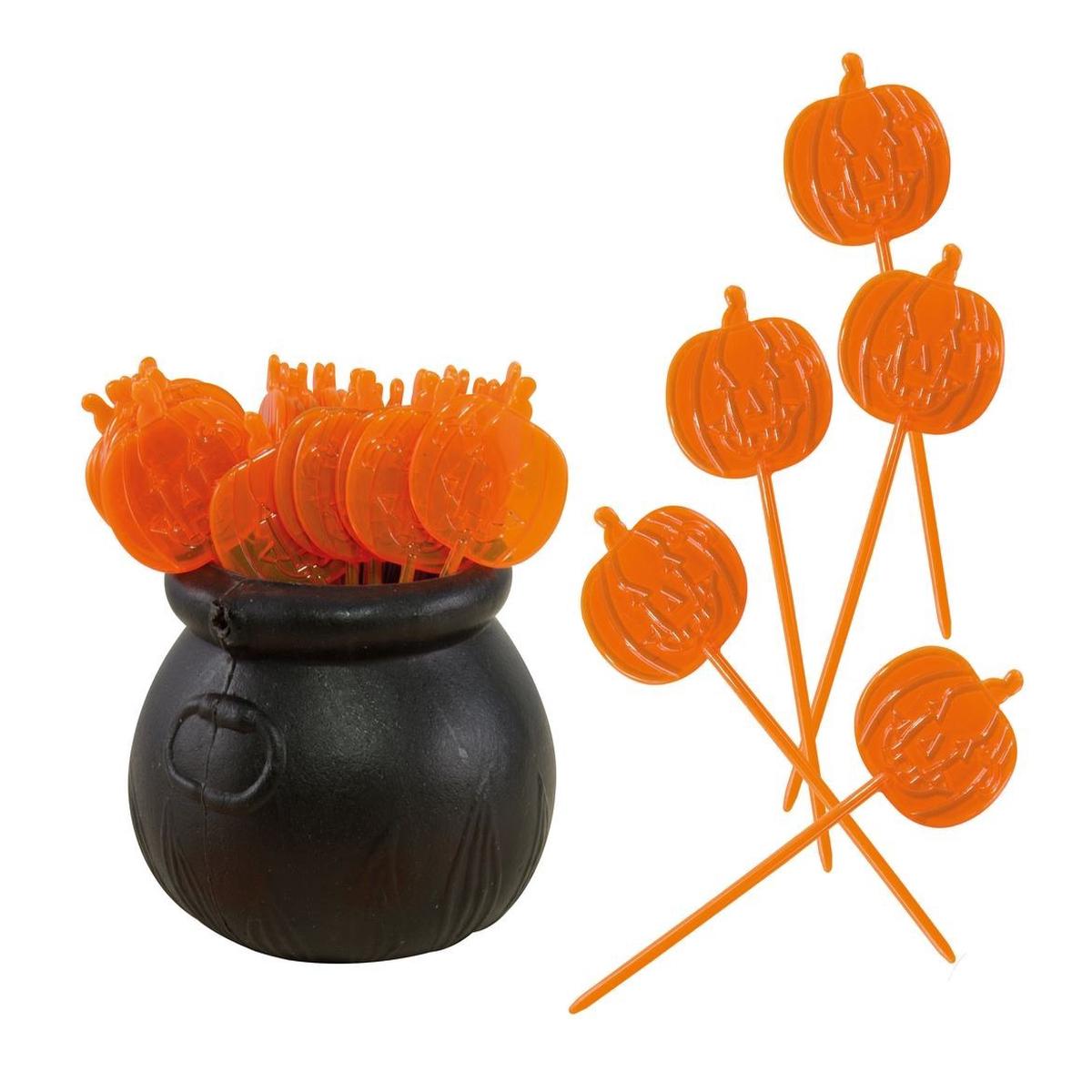 Cauldron with 36 Pumpkin Forks Halloween Ornaments