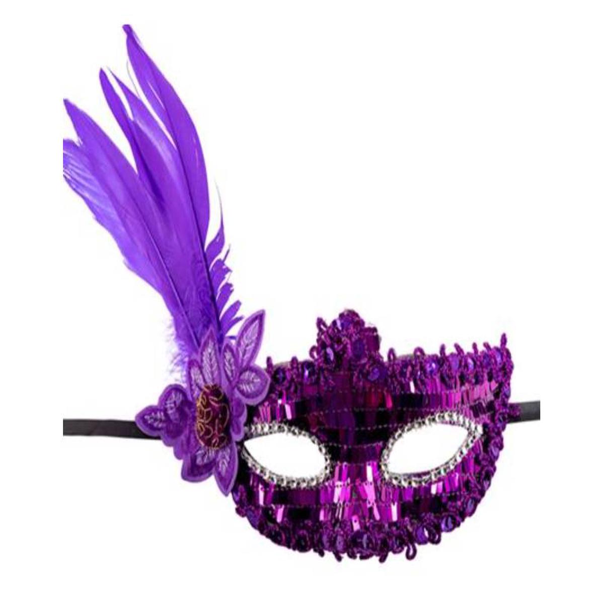 Purple Eye Mask with Sequins and Feathers