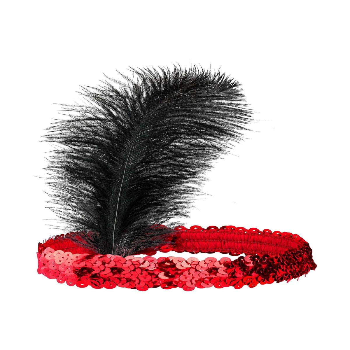 Red Charleston Headband for Halloween and Carnival with Sequins and Feather