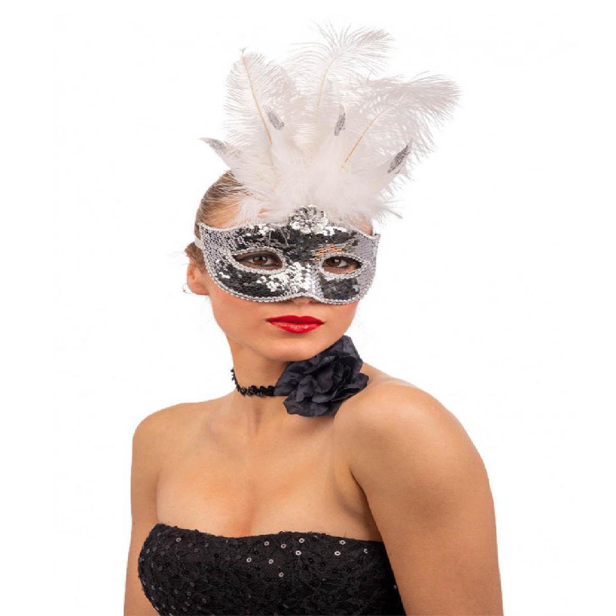Silver Carnival Mask with Sequins and White Feathers