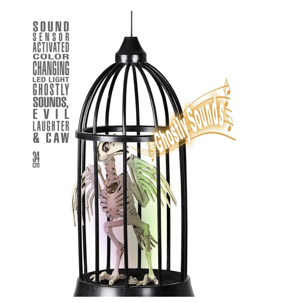 Skeleton Crow in Cage with LED Light Halloween Accessory
