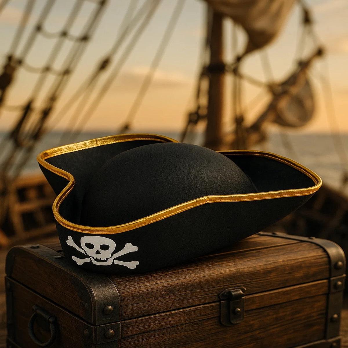 Black Felt Tricorn Pirate Hat with Skull