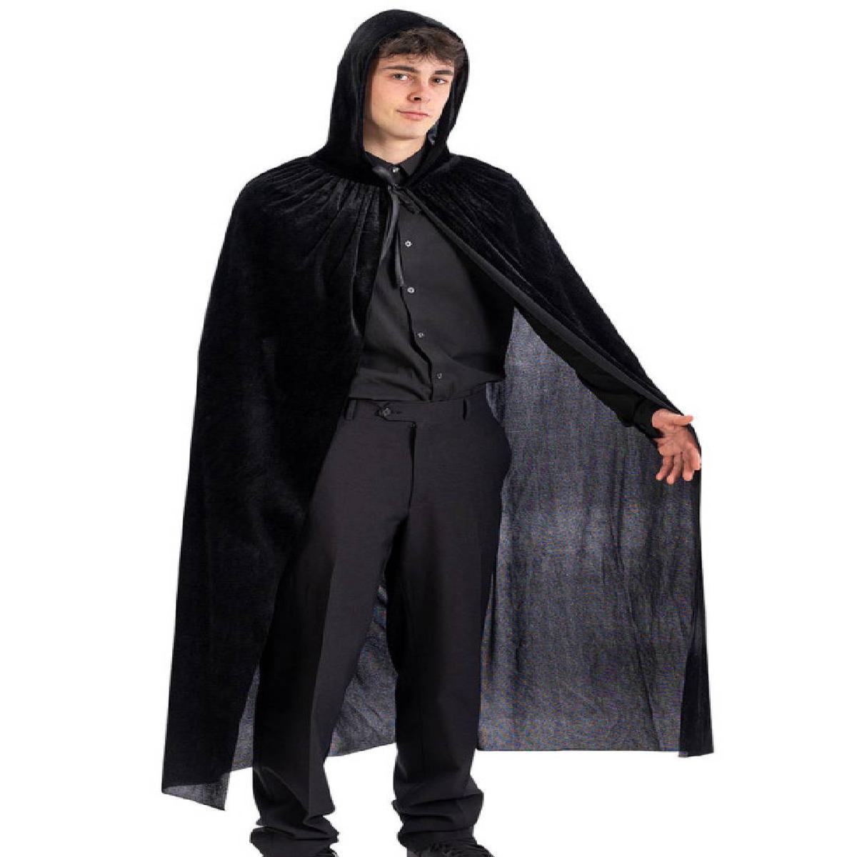 Black Velvet Halloween Cape with Hood 130cm