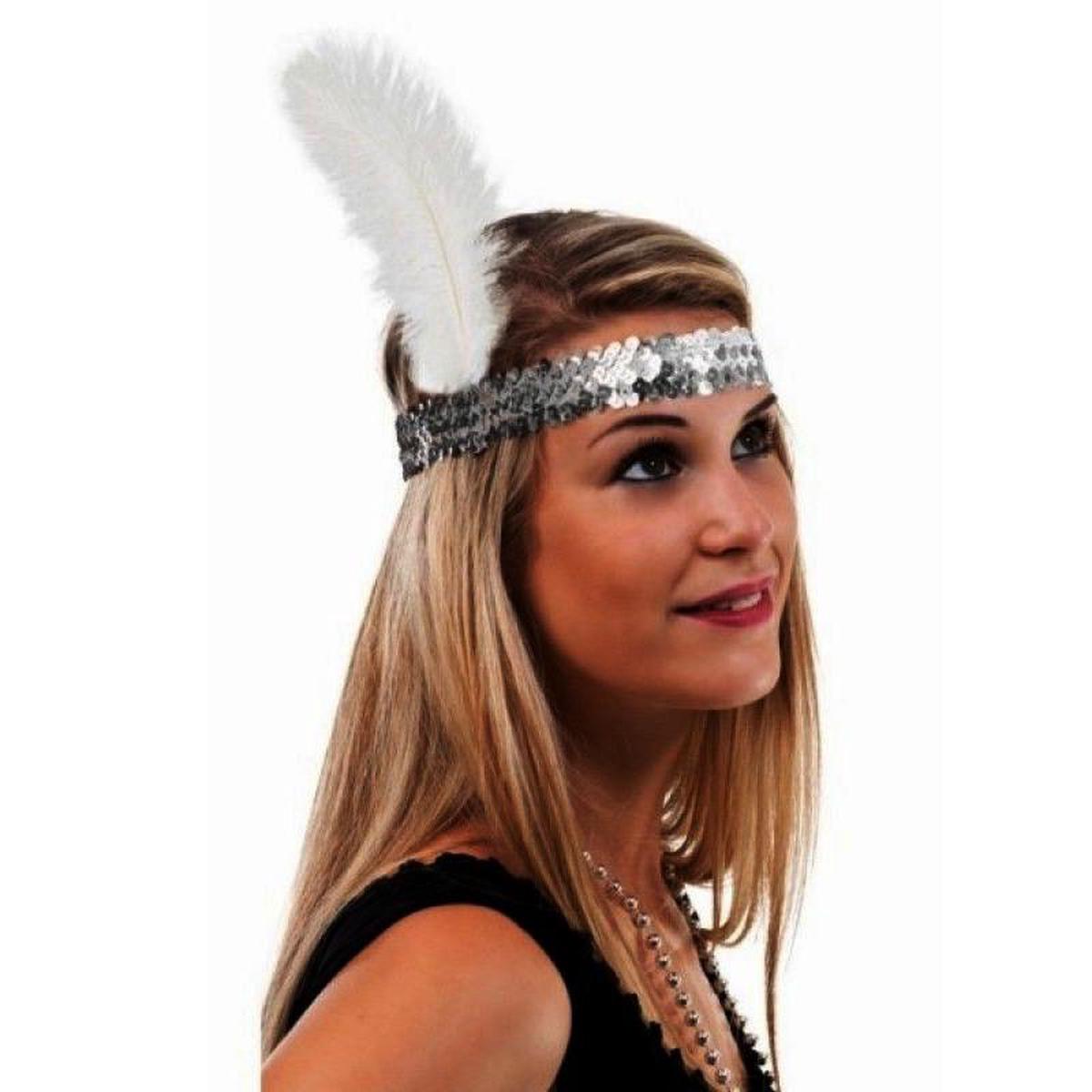 Silver Sequin Headband With White Feather
