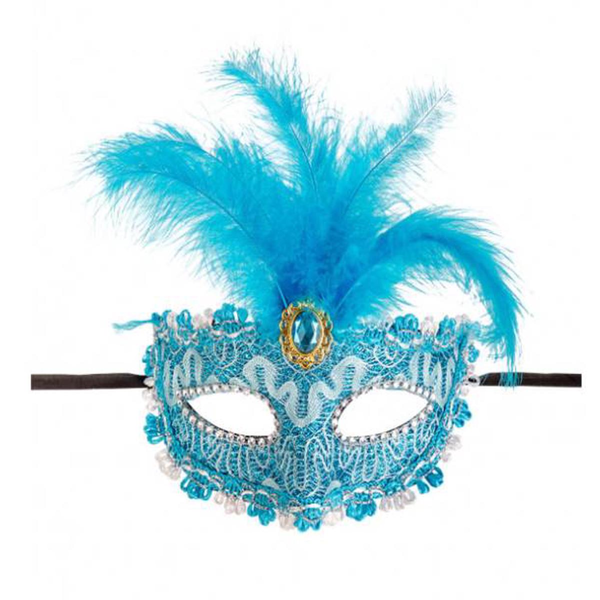 Turquoise Damask Mask With Feathers