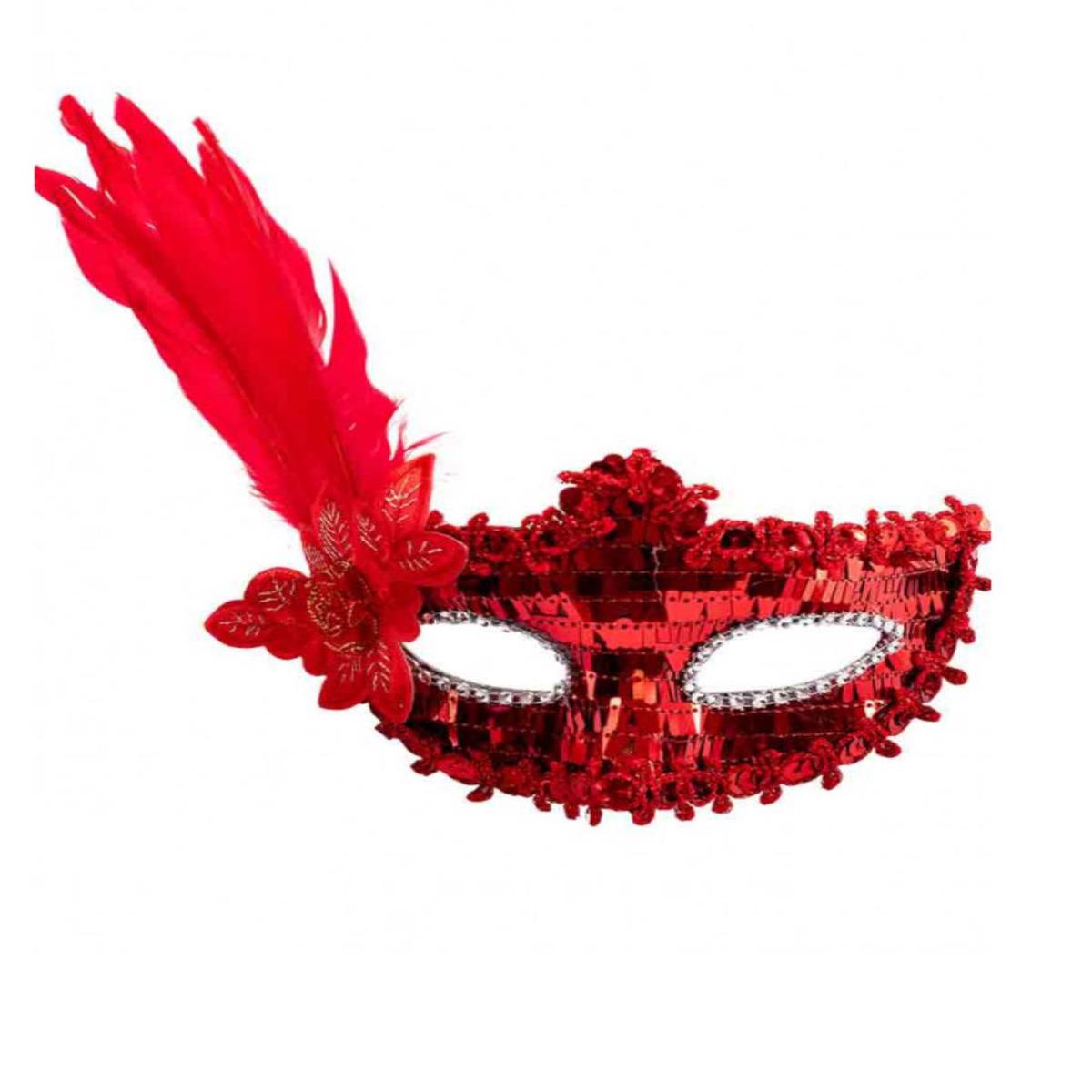 Red Carnival Mask with Sequins and Feathers