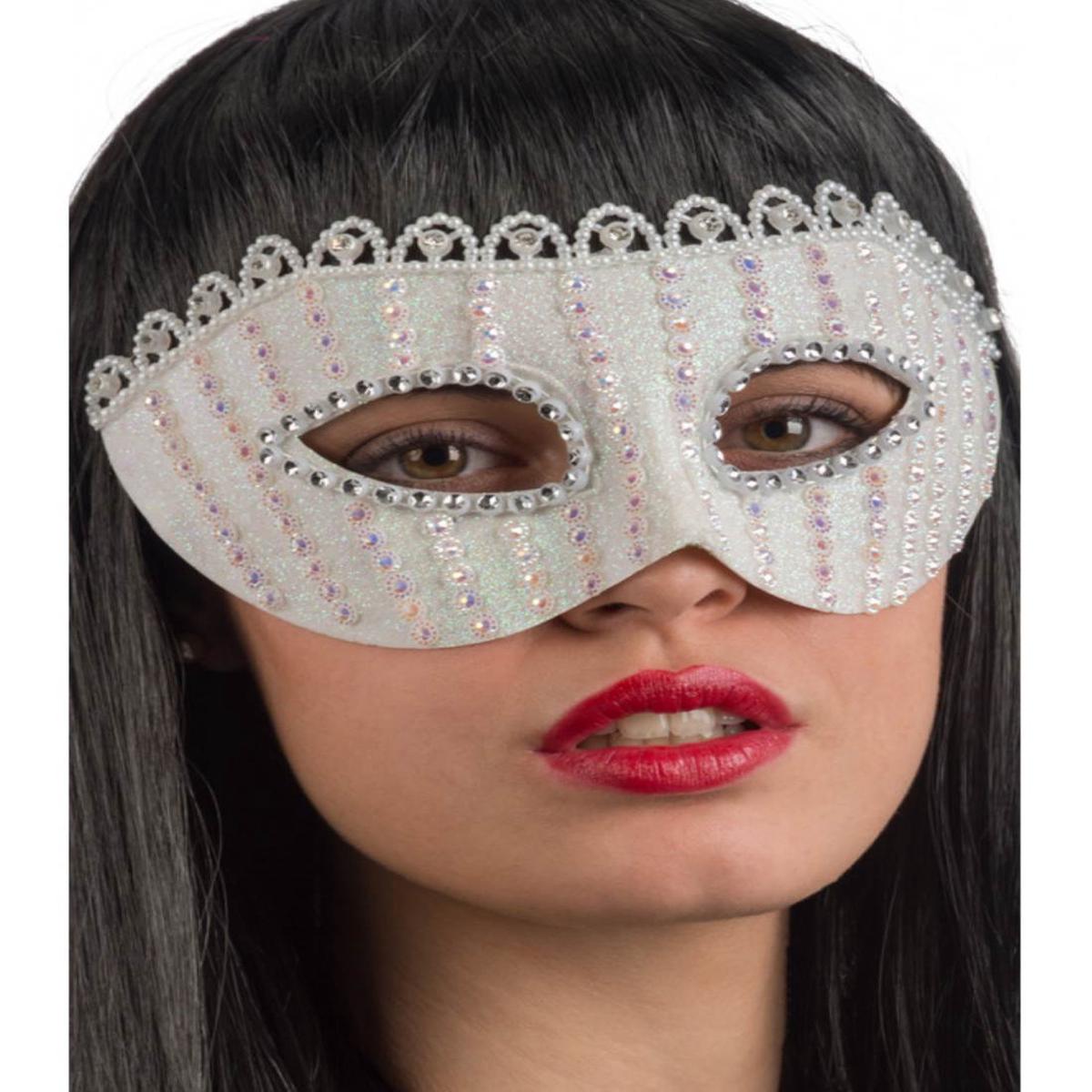 White Carnival Mask with Glitter and Rhinestones
