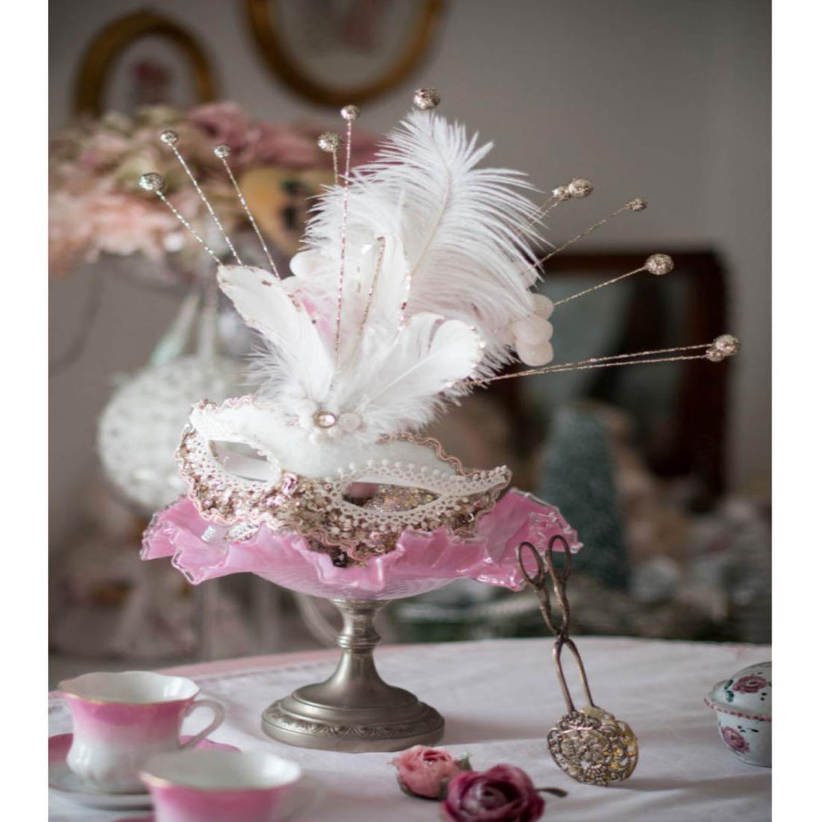 White Carnival Mask with Sequins and Feathers