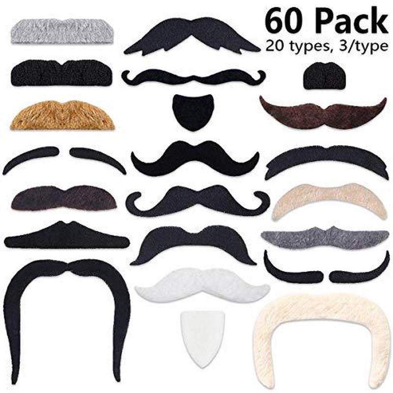 60 Pcs Fake Beard Self Adhesive Novelty Hairy Mustaches Costume Facial Hair for Birthday and Halloween