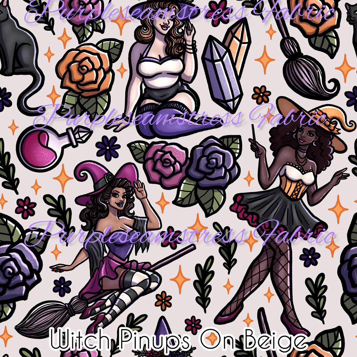 Witch Pinups on Beige  Fabric