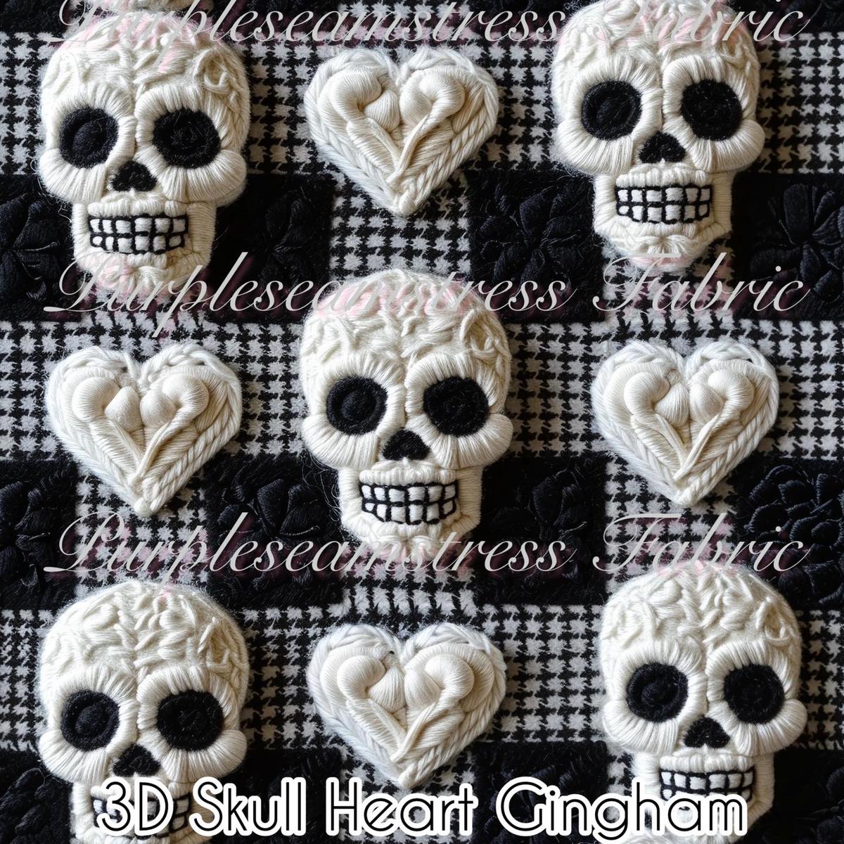 3D Skull Heart Gingham  Fabric