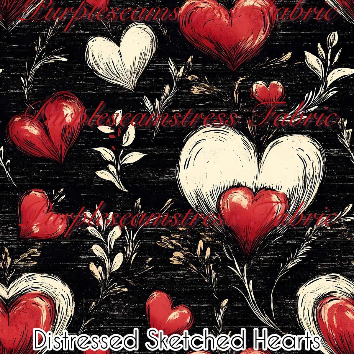Distressed Sketched Hearts  Fabric