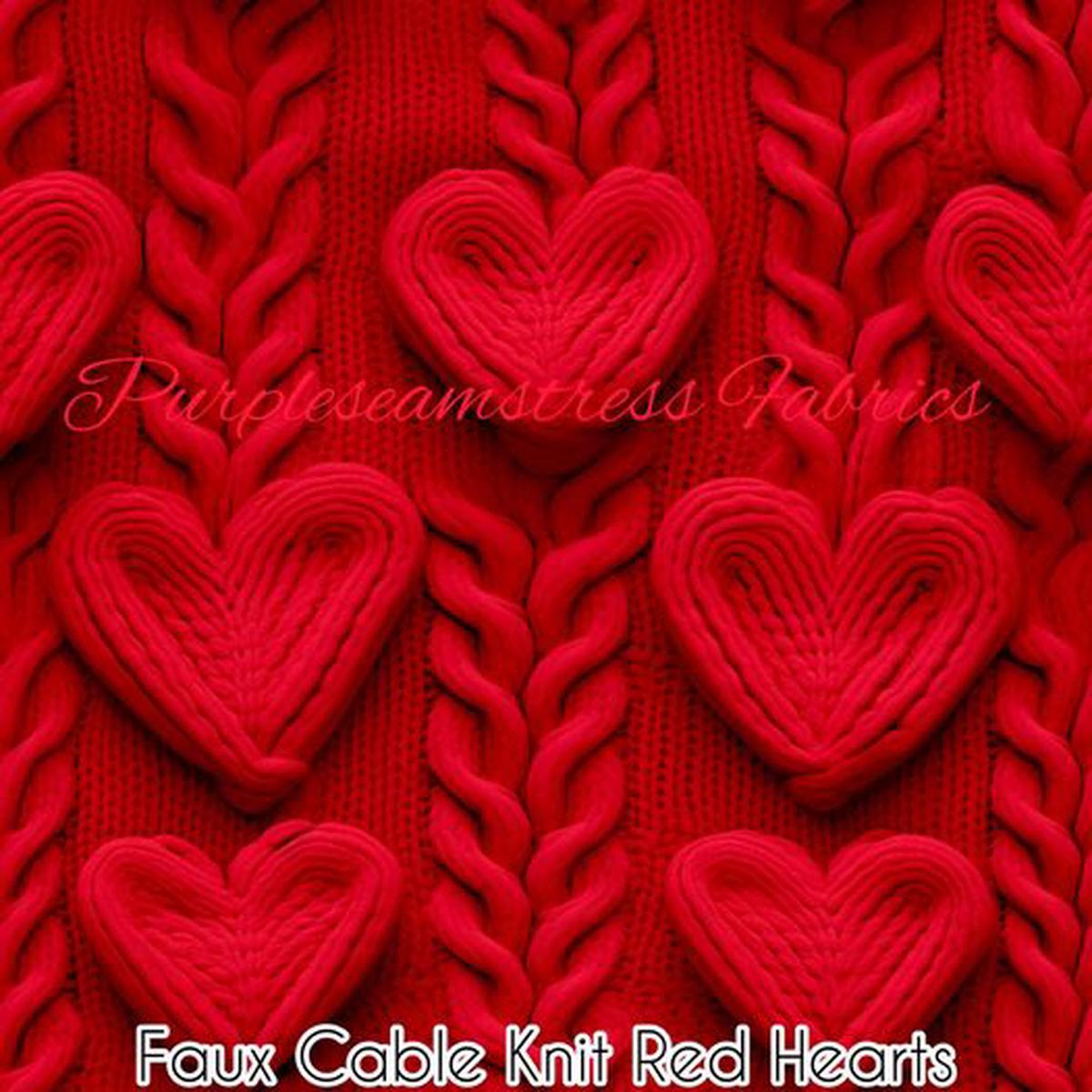 Faux Cable Knit Red Hearts  Fabric