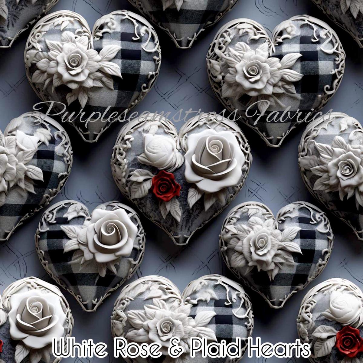 White Rose & Plaid Hearts  Fabric
