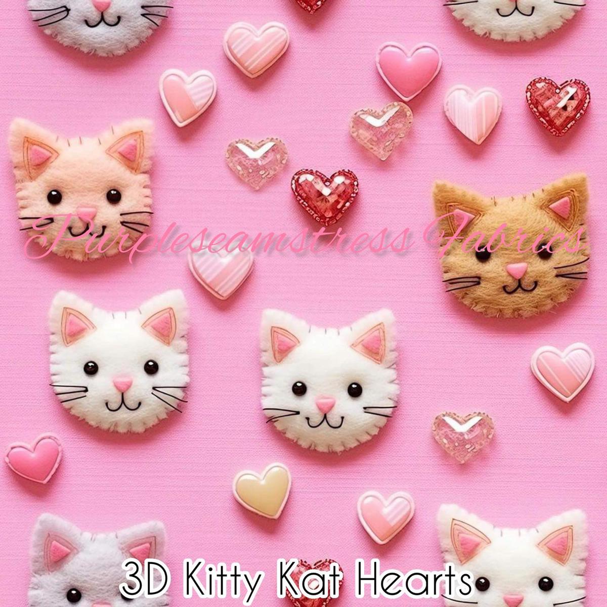 3D Kitty Kat Hearts  Fabric