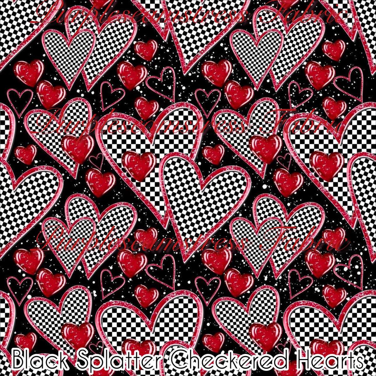 Black Splatter Checkered Hearts  Fabric