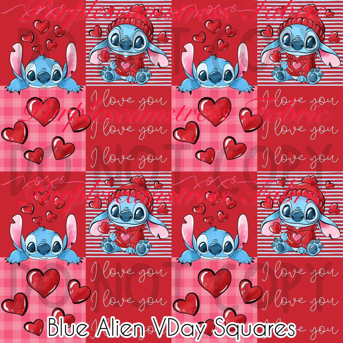 Blue Alien Vday Squares  Fabric