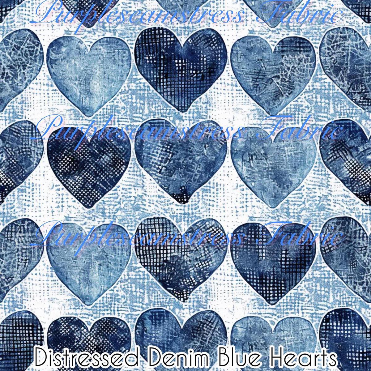 Distressed Denim Blue Hearts  Fabric