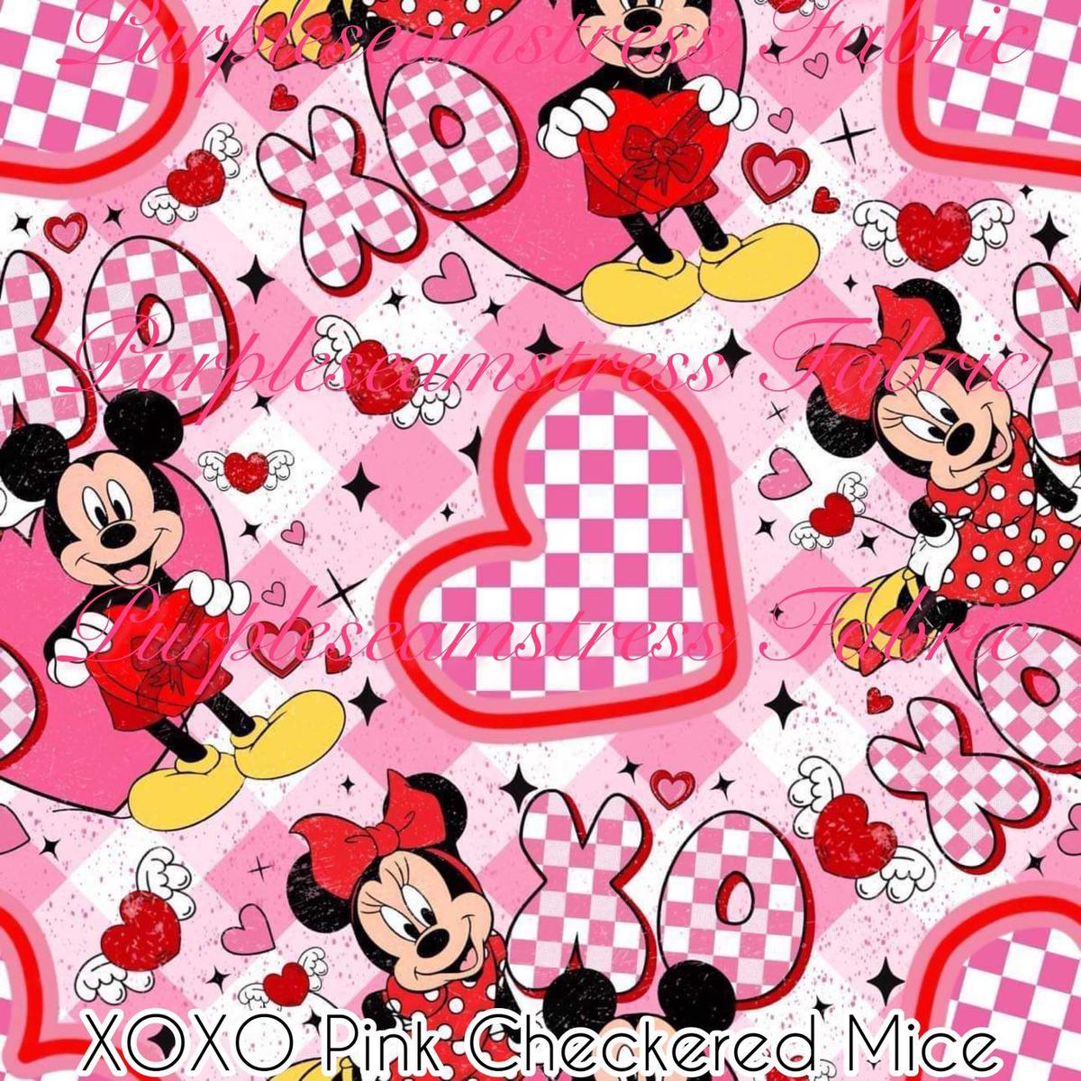 XOXO Pink Checkered Mice  Fabric