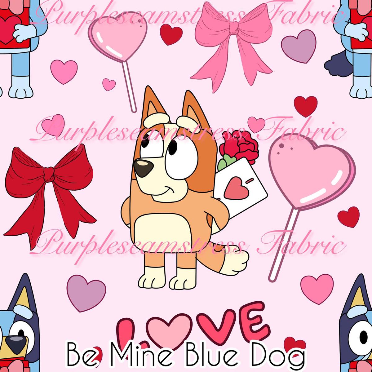 Be Mine Blue Dog  Fabric