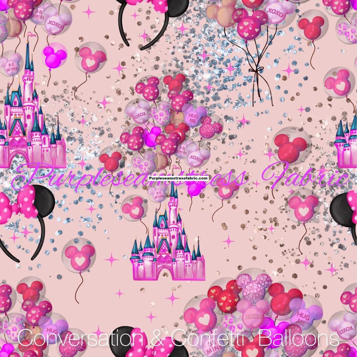 Conversation Mouse & Confetti Balloons on pink Valentines  Fabric