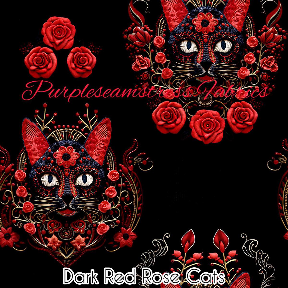 Dark Red Rose Cats  Fabric