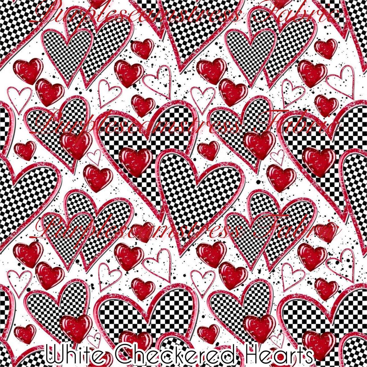 White Checkered Hearts  Fabric
