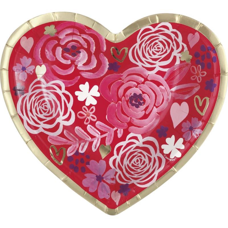 Elegant Valentine Small Heart Shaped Dessert Paper Plates, 7 Inches, 8 Count