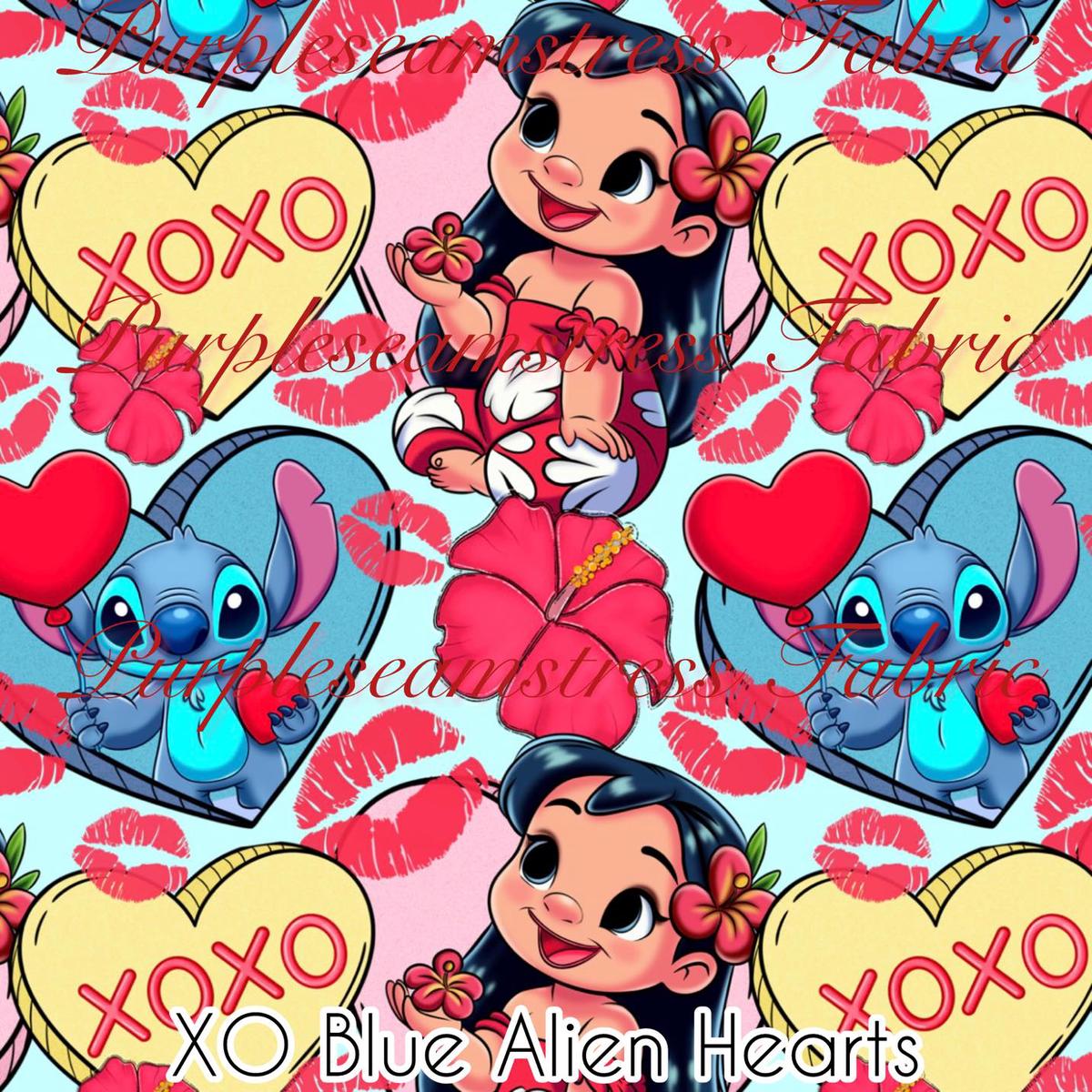 XO Blue Alien Hearts  Fabric