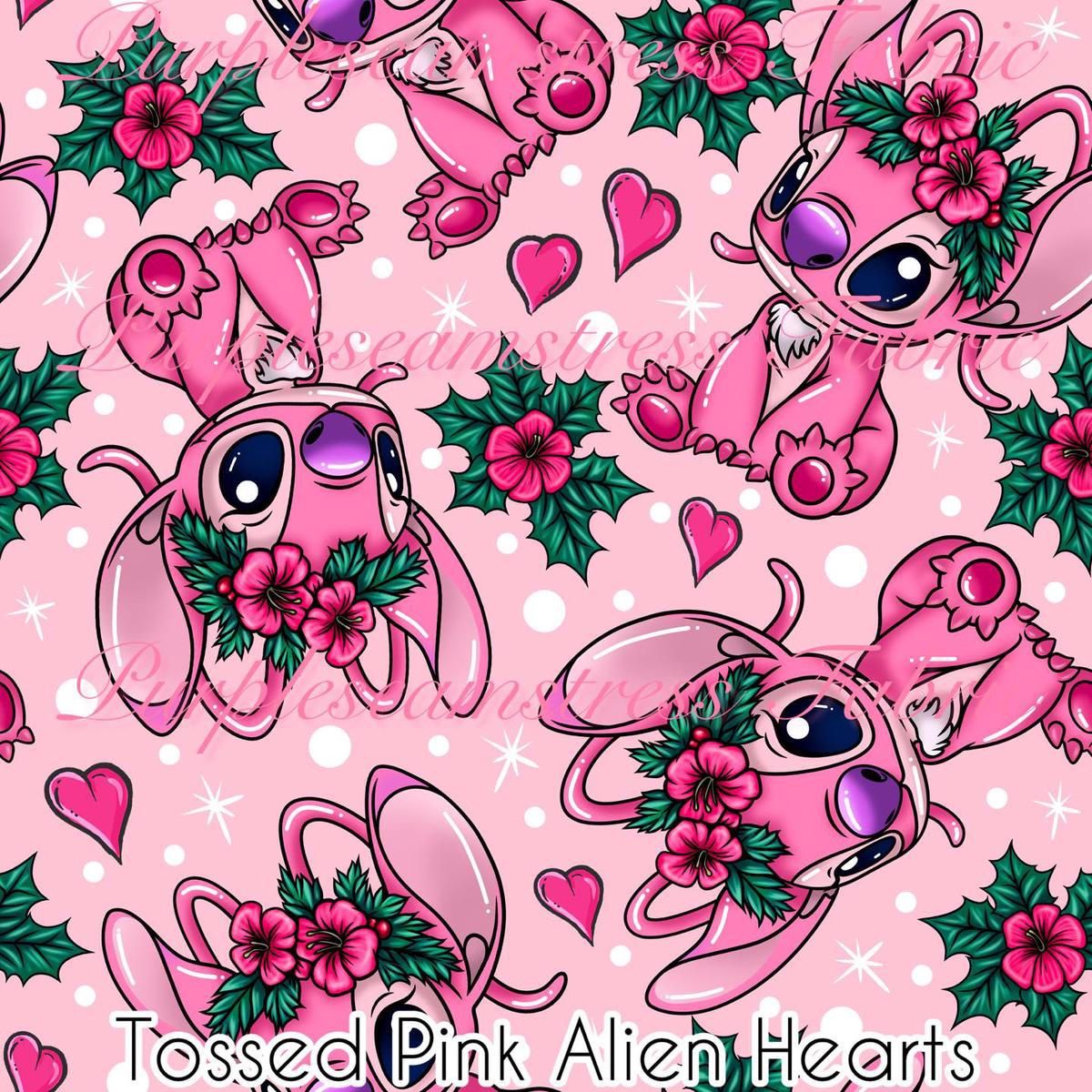 Tossed Pink Alien Hearts  Fabric