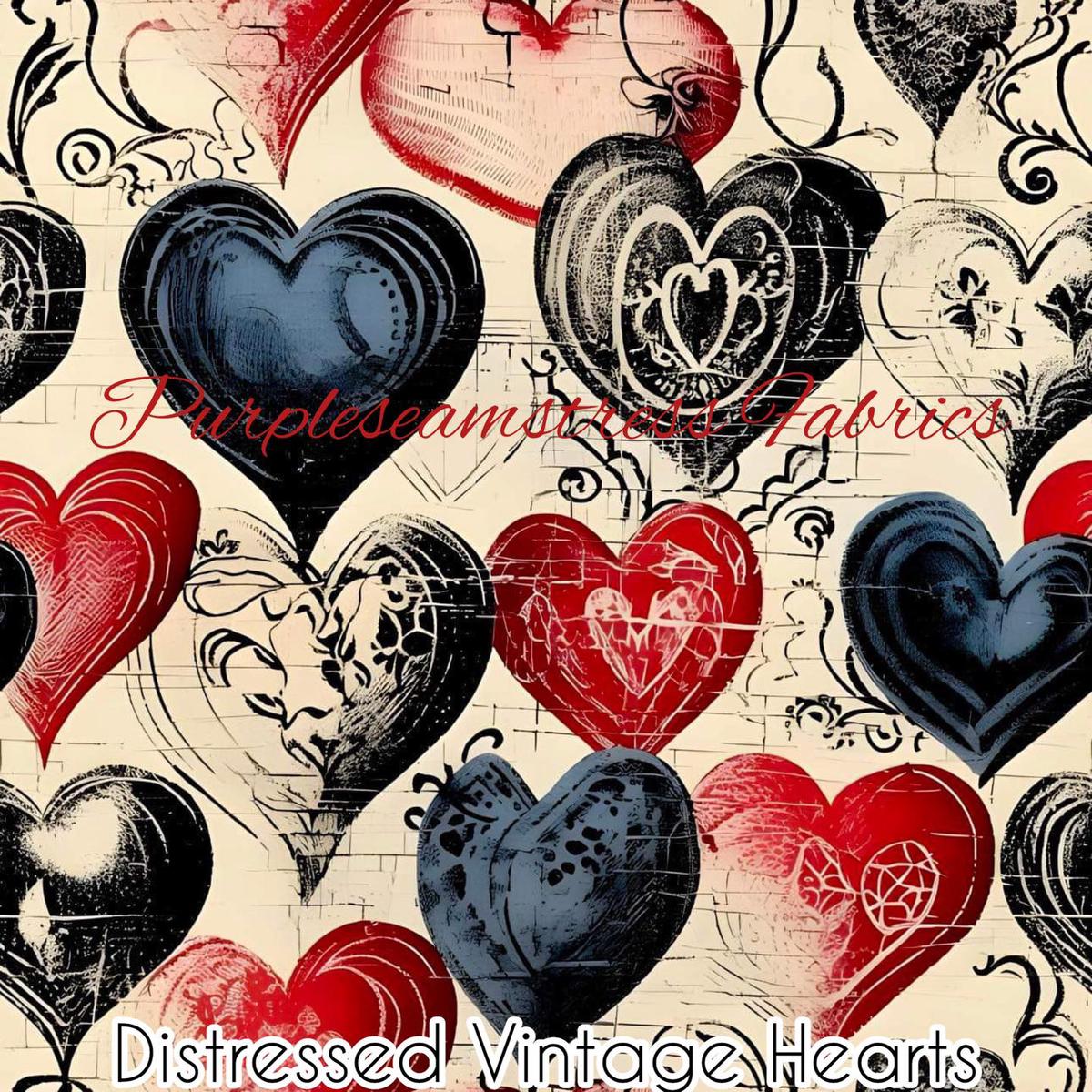 Distressed Vintage Hearts  Fabric