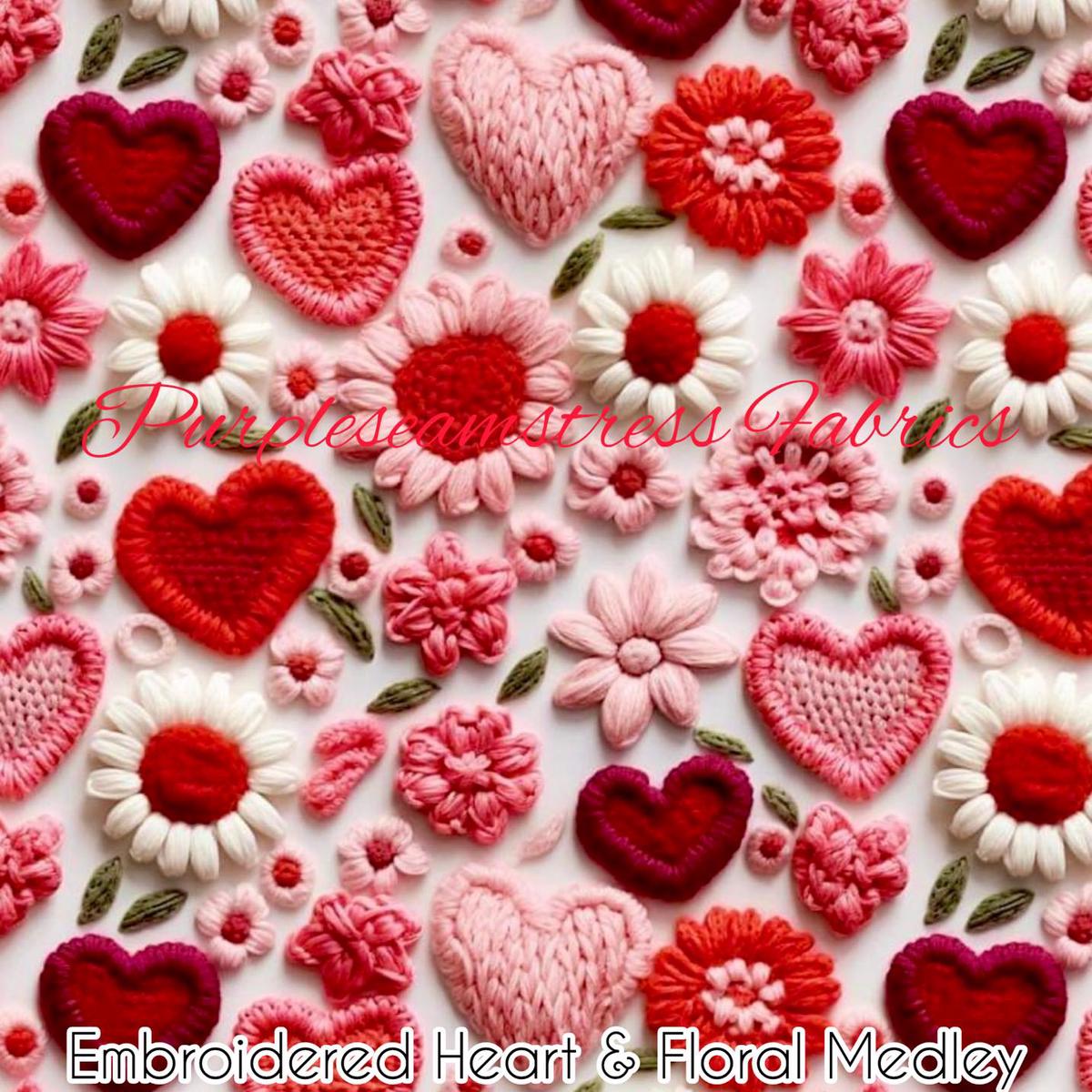 Embroidered Hearts & Floral Medley  Fabric