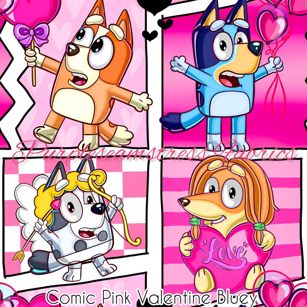 Comic Pink Valentine Bluey  Fabric