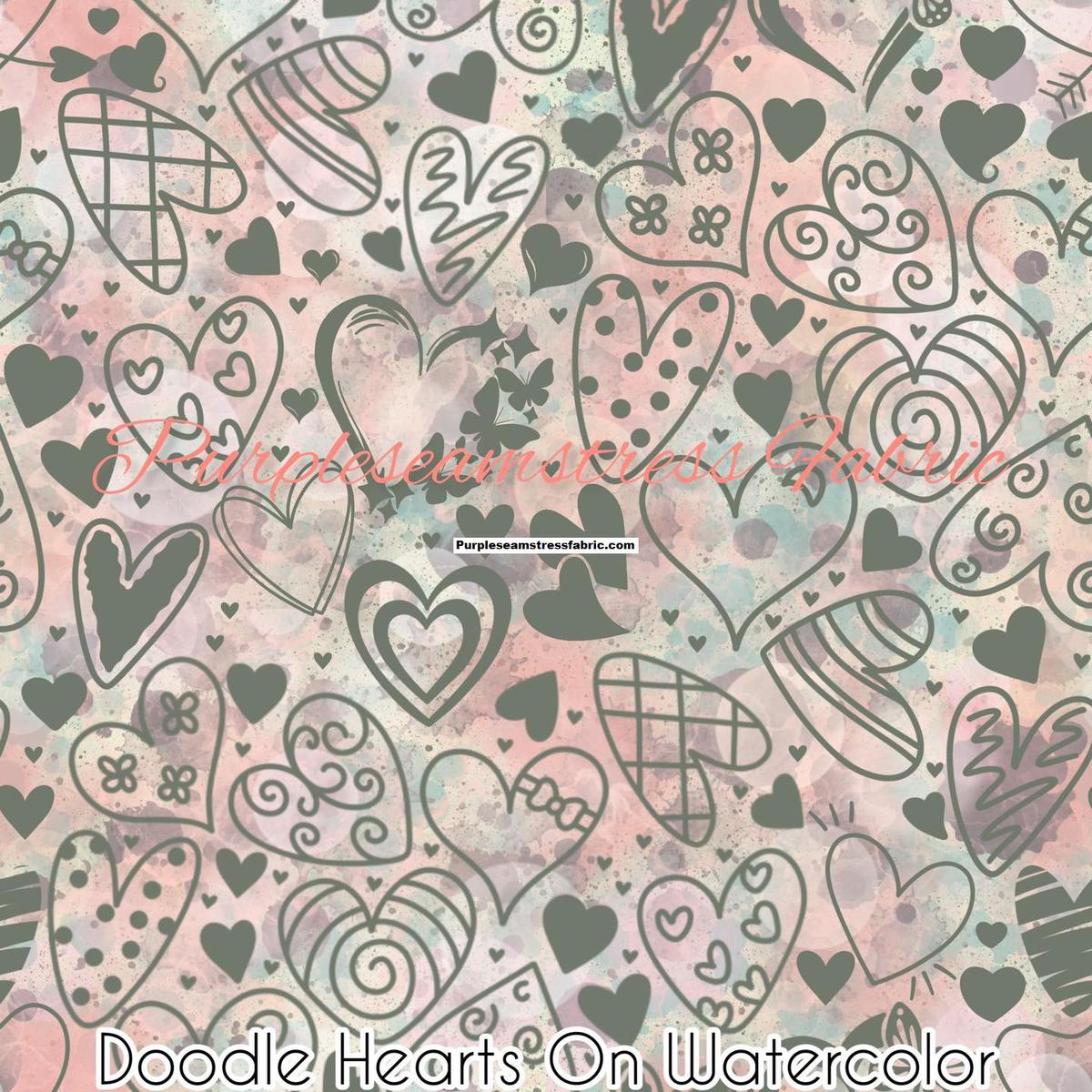 Doodle Hearts on Watercolor  Fabr...