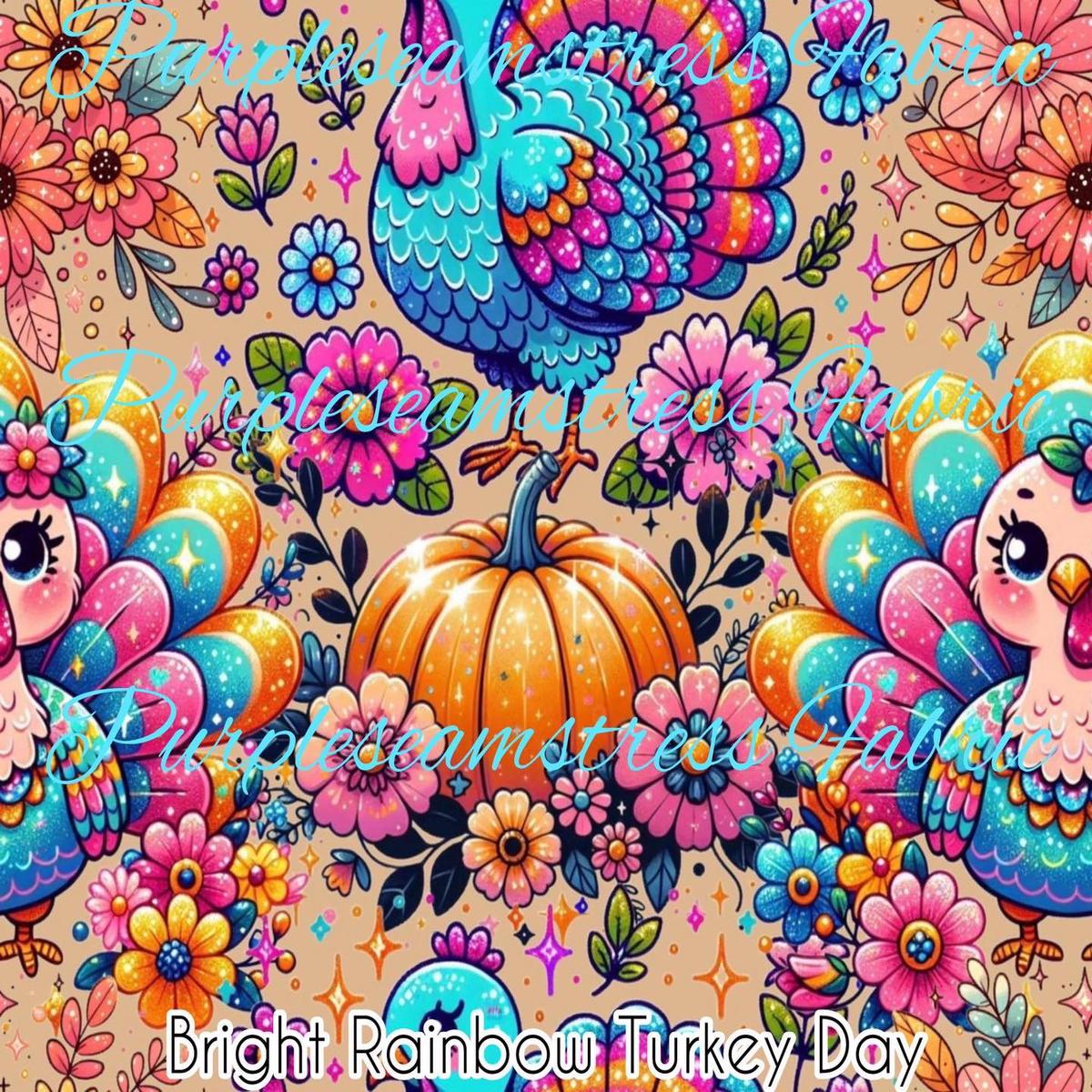 Bright Rainbow Turkey Day  Fabric