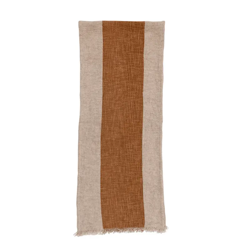 Cotton & Linen Table Runner w/ Stripe & Fringe - Natural & Brown