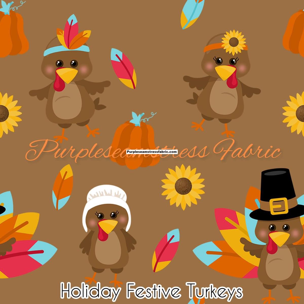 Holiday Festive Turkeys  Fabric