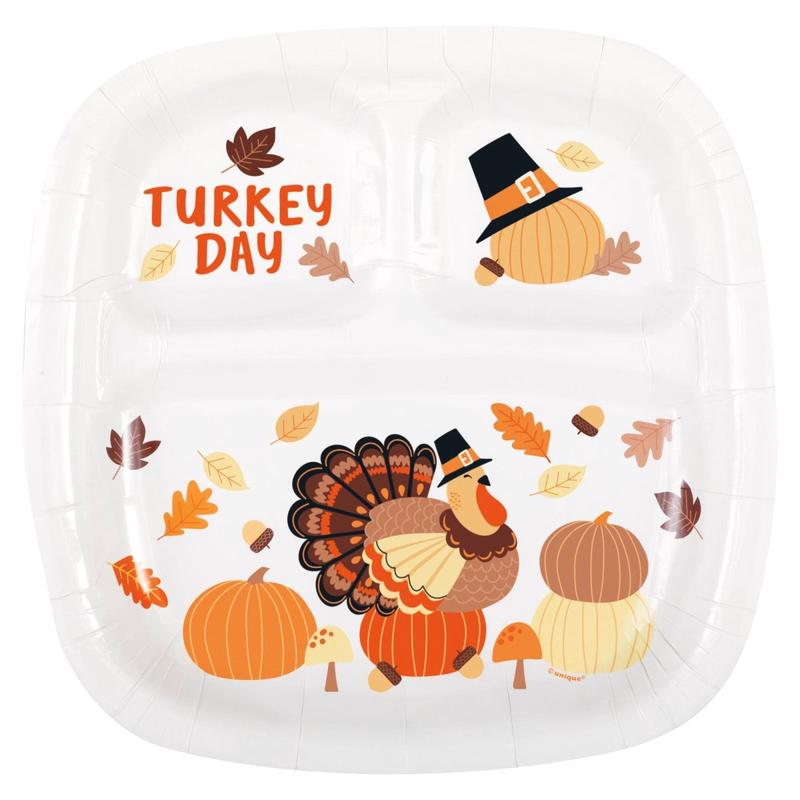 Turkey Day Large Square Lunch Paper Plates, 9 Inches, 8 Count