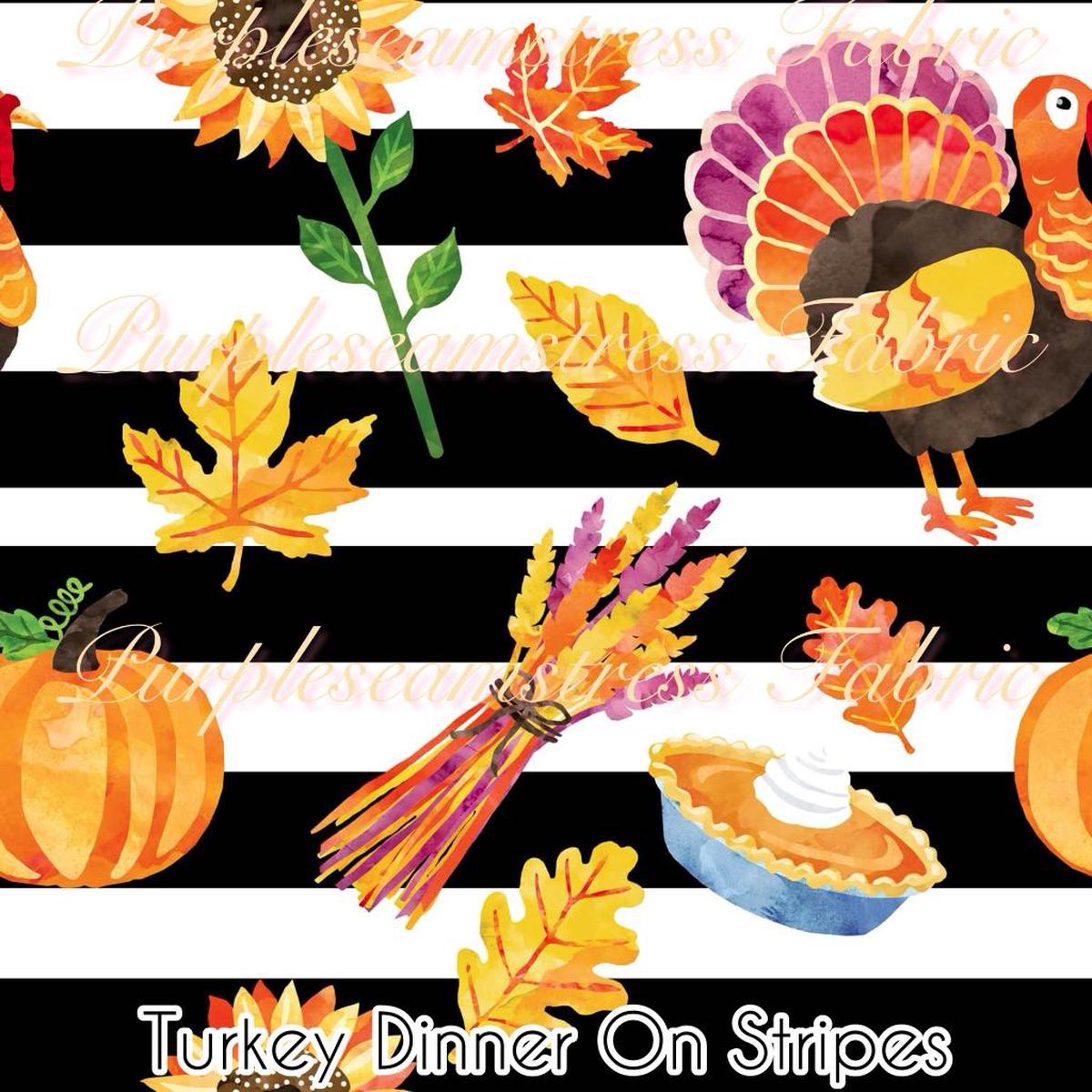 Turkey Dinner on Stripes  Fabric