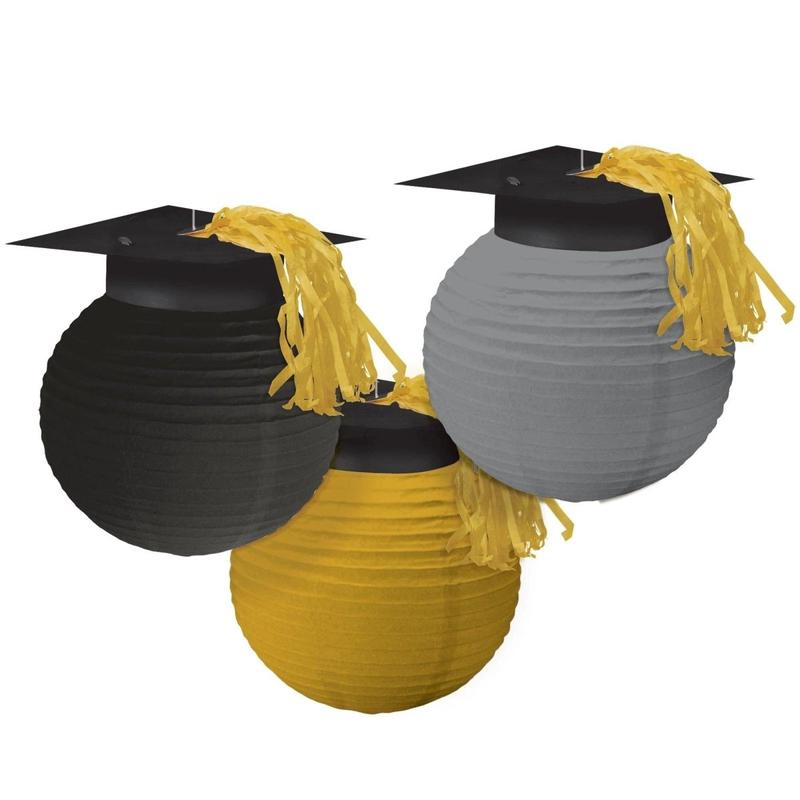 Graduation Lanterns, Black, Silver and Gold, 3Count
