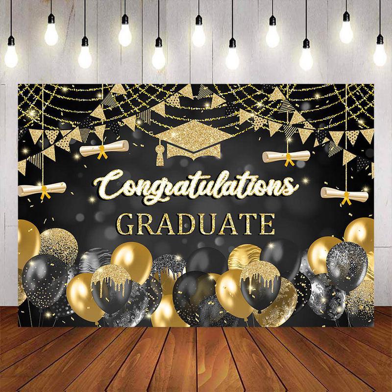 Mocsicka Black and Gold Balloons Congrats Graduation Backdrop