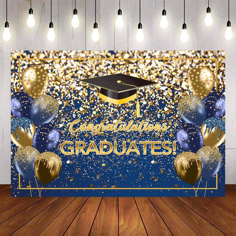 Mocsicka Blue and Gold Balloons Bachelor Cap Congrats Graduation Backdrop