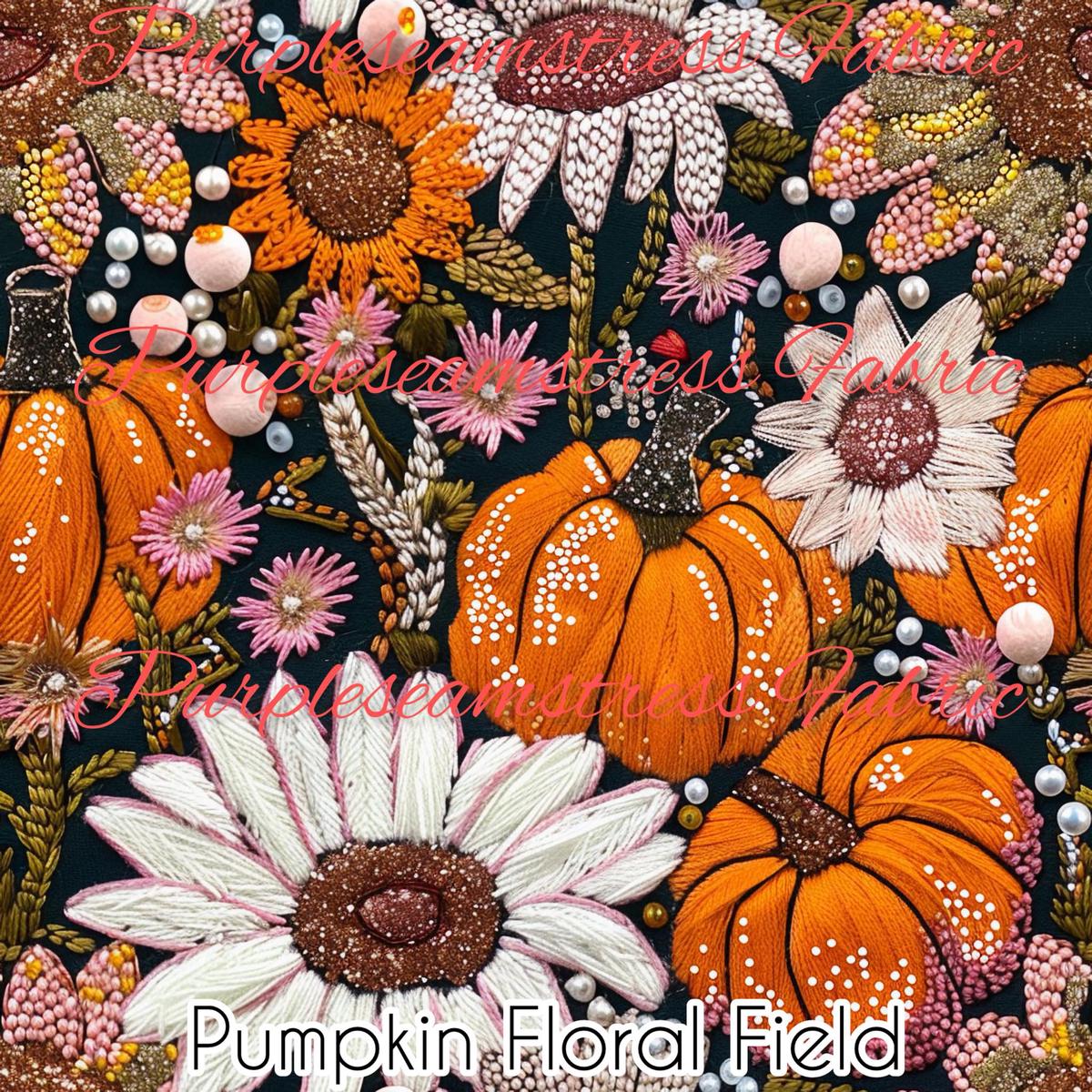 Pumpkin Floral Field  Fabric