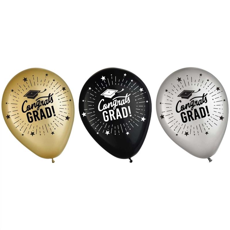 Class Dismissed Latex Balloons, Gold, Black and Silver, 12 Inches, 15 Count