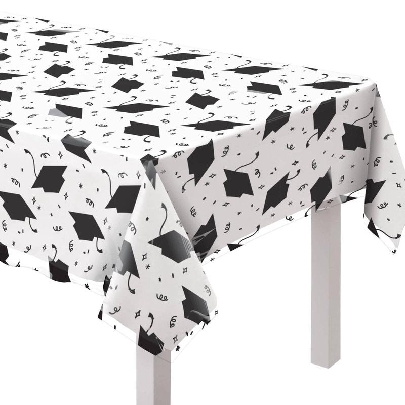 Clear Graduation Table Cover with Black Hats, 52 x 90 Inches