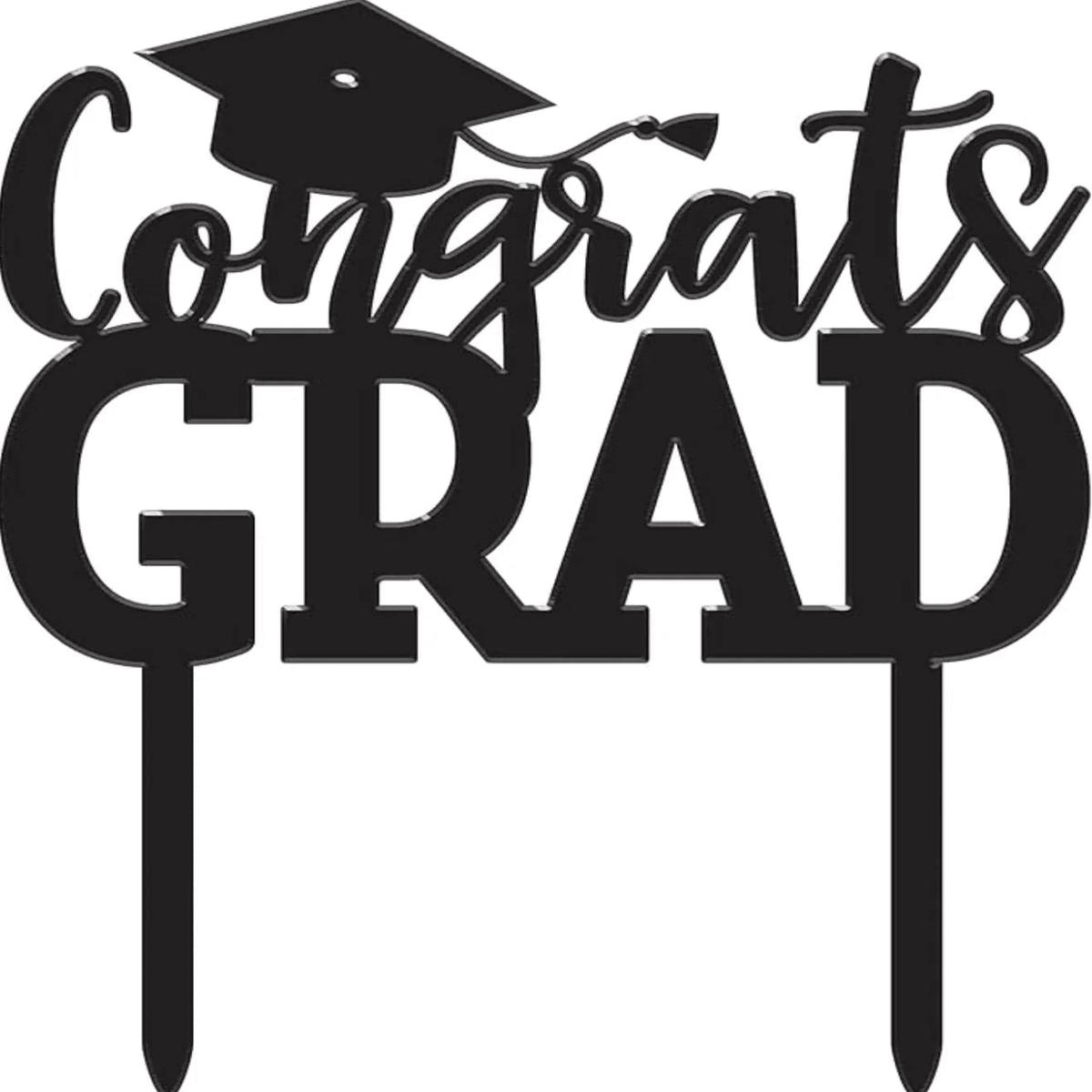 Congrats Grad Black Acrylic Graduation Cake Topper 5.3in/po x 6.3 in/po (13.4 cm x 16 cm)