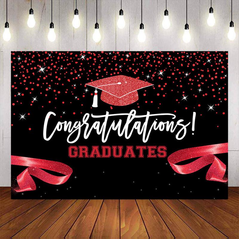 Mocsicka Red Ribbon and Dots Congrats Graduation Backdrop