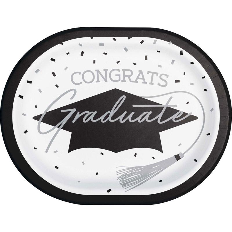 White Grad Large Oval Paper Plates, 9.25 Inches, 8 Count